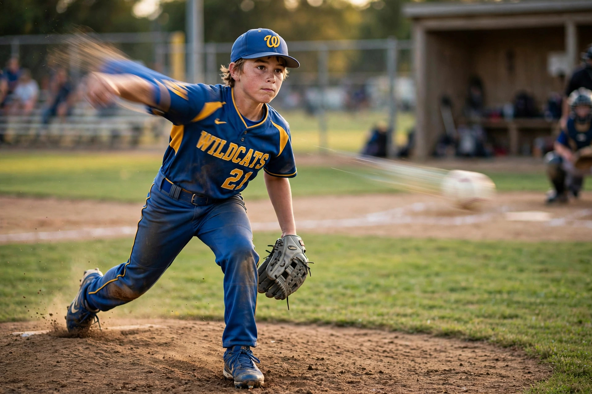 Young pitcher at release with motion blur on the ball