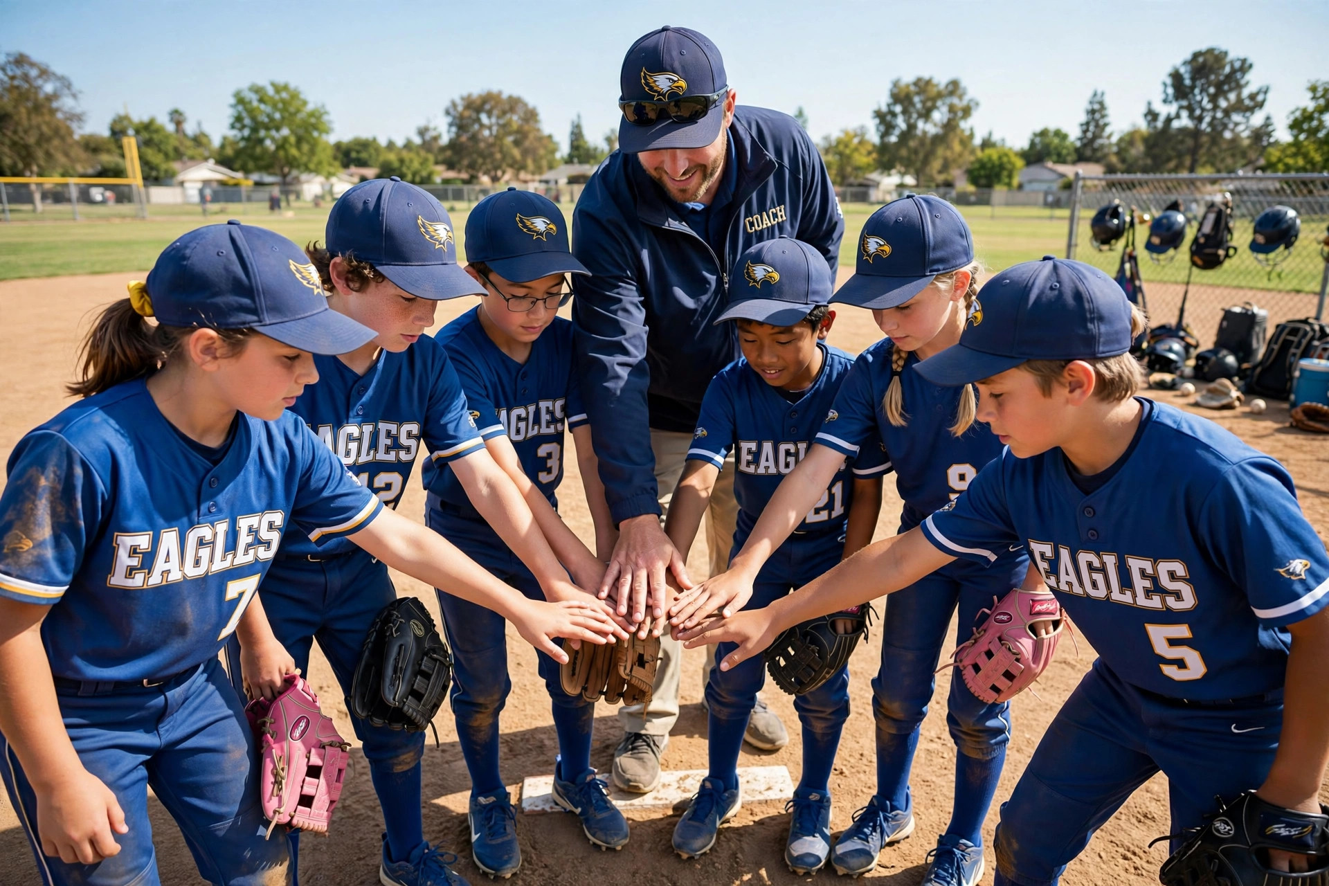 Youth baseball team huddle with coach